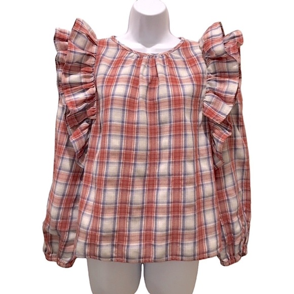 WOMENS PLAID RUFFLE BLOUSE, WOMENS SZ M?, RED, BLUE, WHITE - Picture 2 of 7
